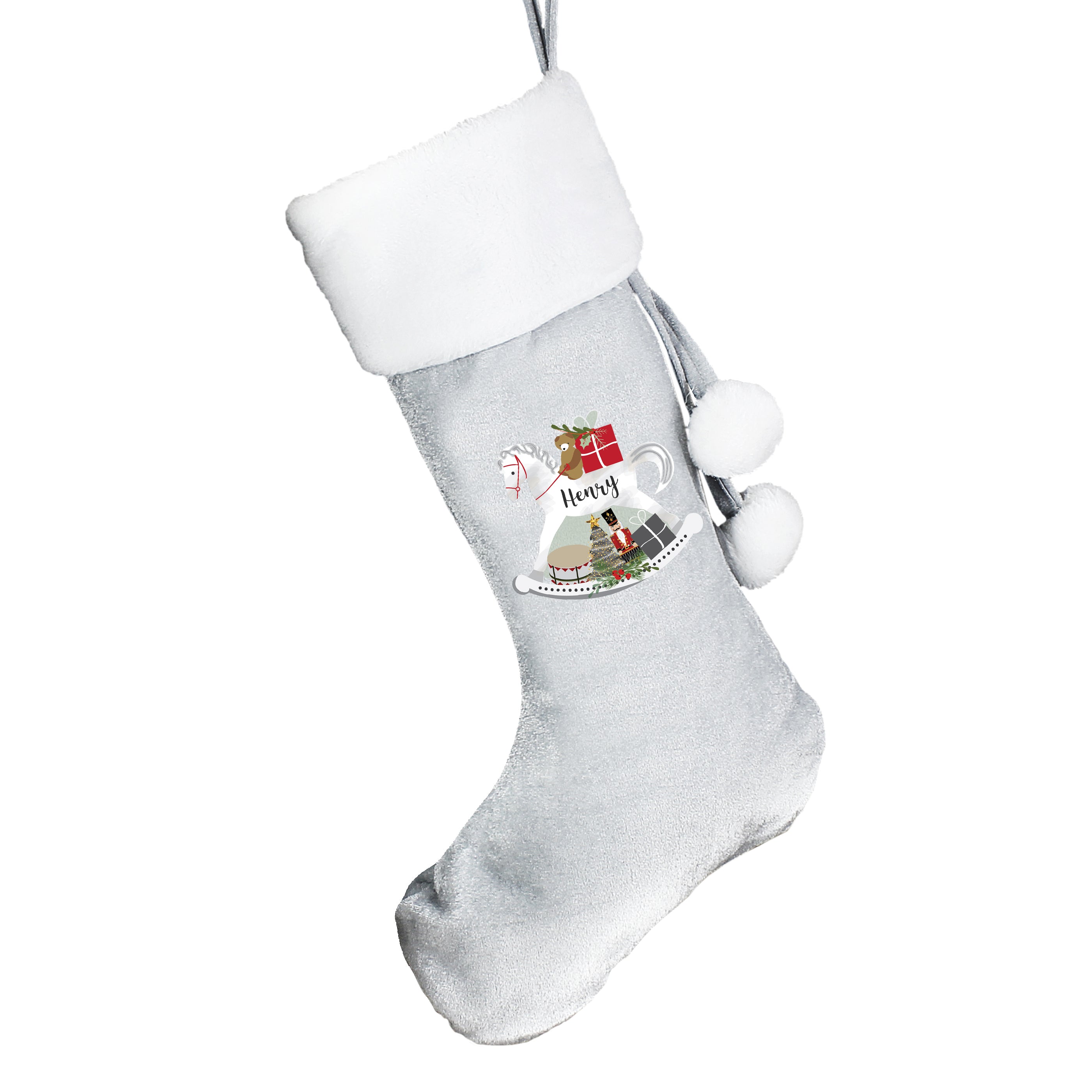 Personalised Rocking Horse Luxury Silver Grey Stocking