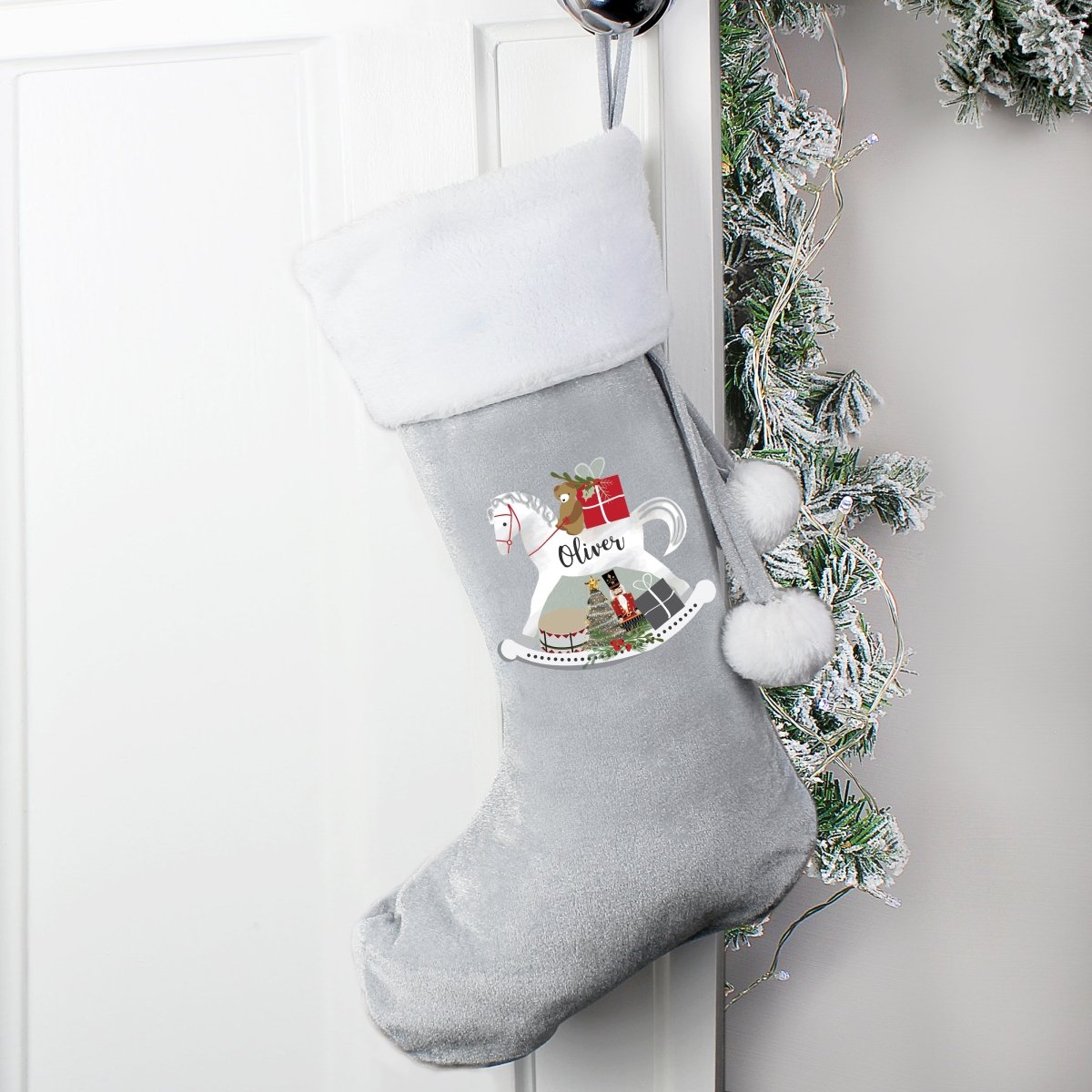 Personalised Rocking Horse Luxury Silver Grey Stocking - I Want That Present
