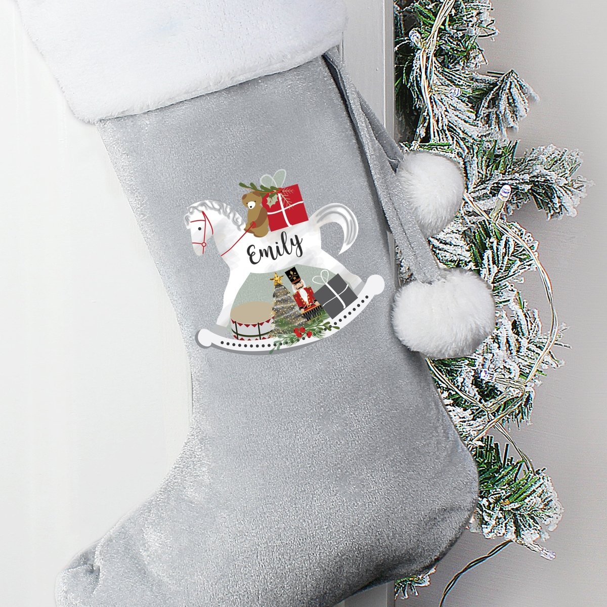 Personalised Rocking Horse Luxury Silver Grey Stocking - I Want That Present