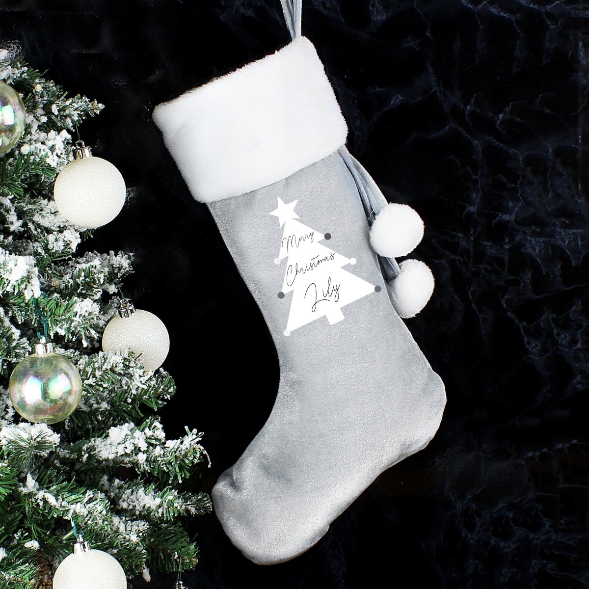 Personalised Christmas Tree Luxury Silver Grey Stocking - I Want That Present