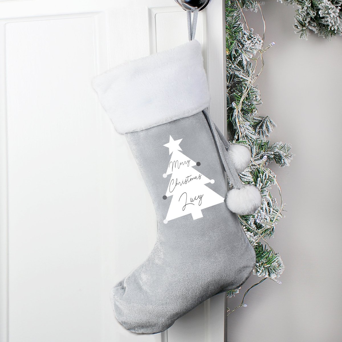 Personalised Christmas Tree Luxury Silver Grey Stocking - I Want That Present
