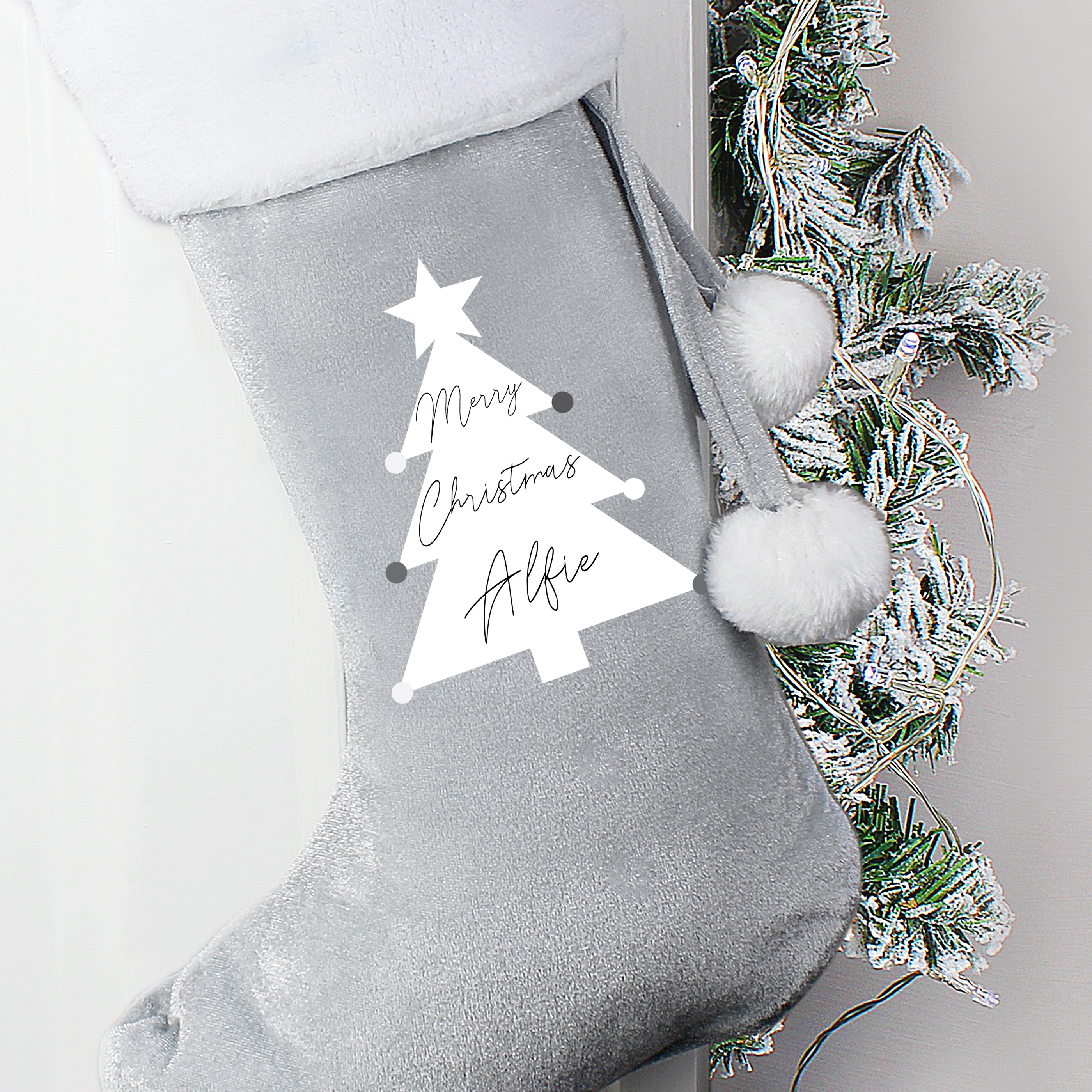 Personalised Christmas Tree Luxury Silver Grey Stocking