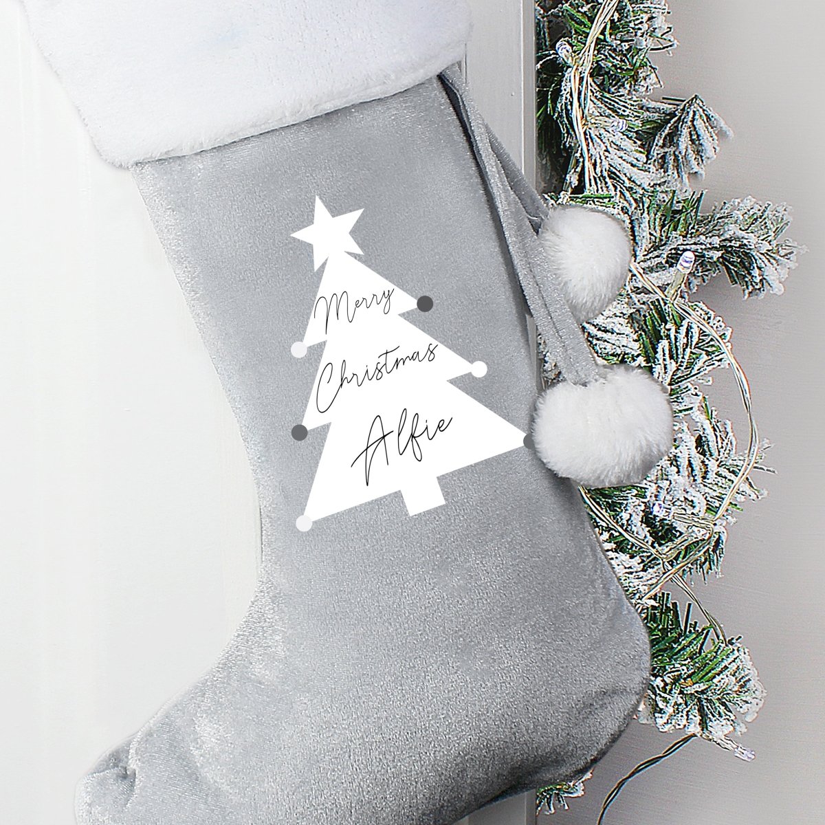 Personalised Christmas Tree Luxury Silver Grey Stocking - I Want That Present