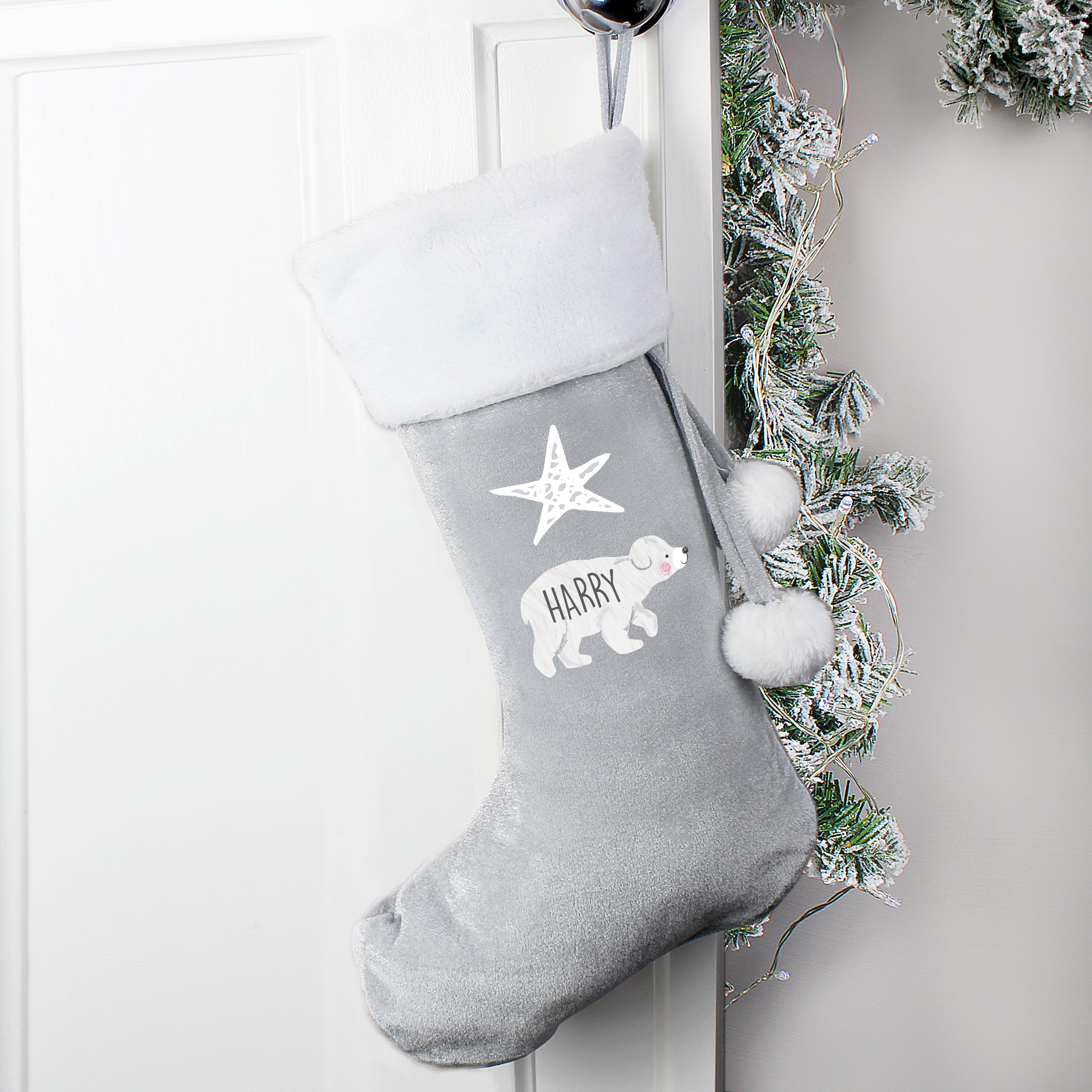 Personalised Polar Bear Luxury Silver Grey Stocking