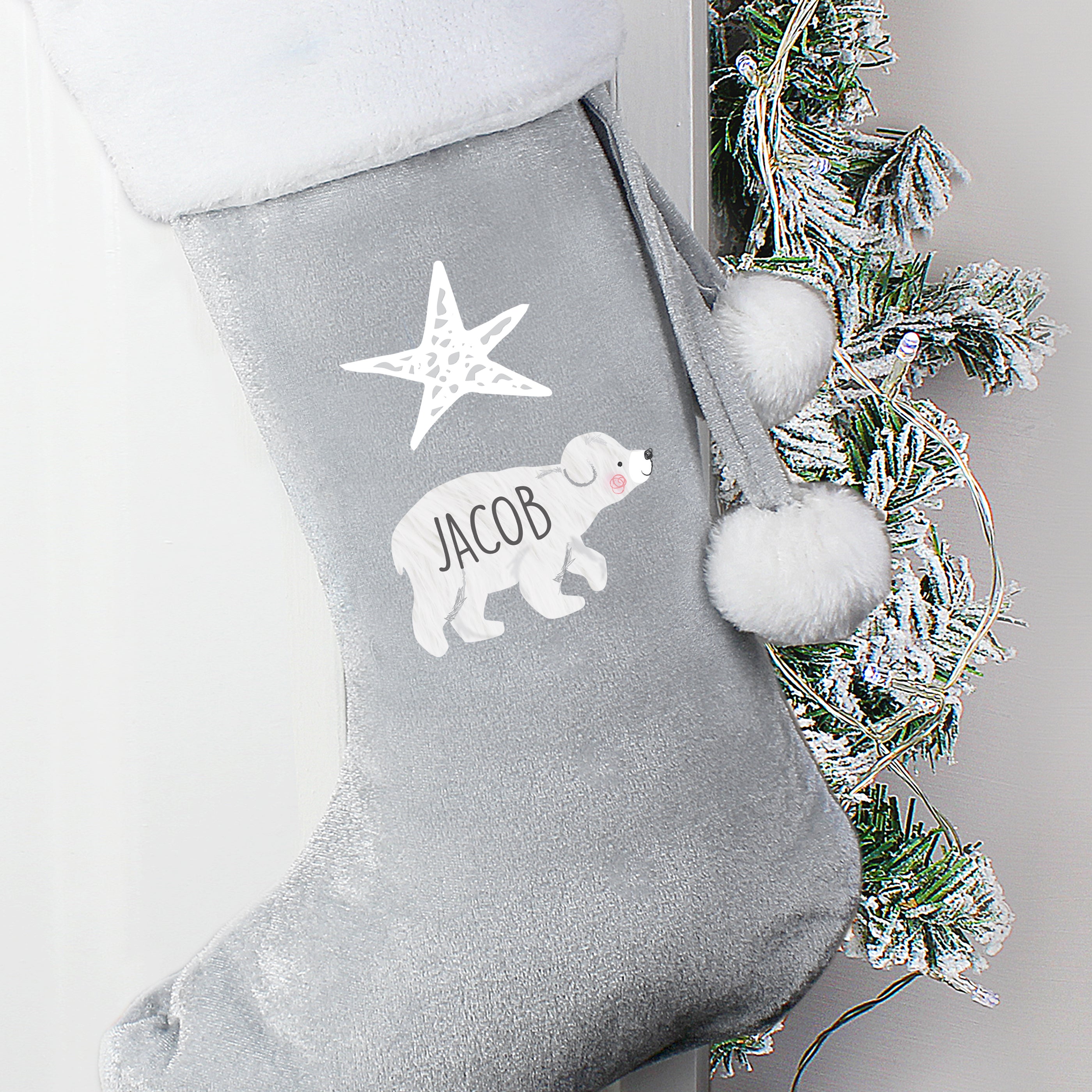 Personalised Polar Bear Luxury Silver Grey Stocking