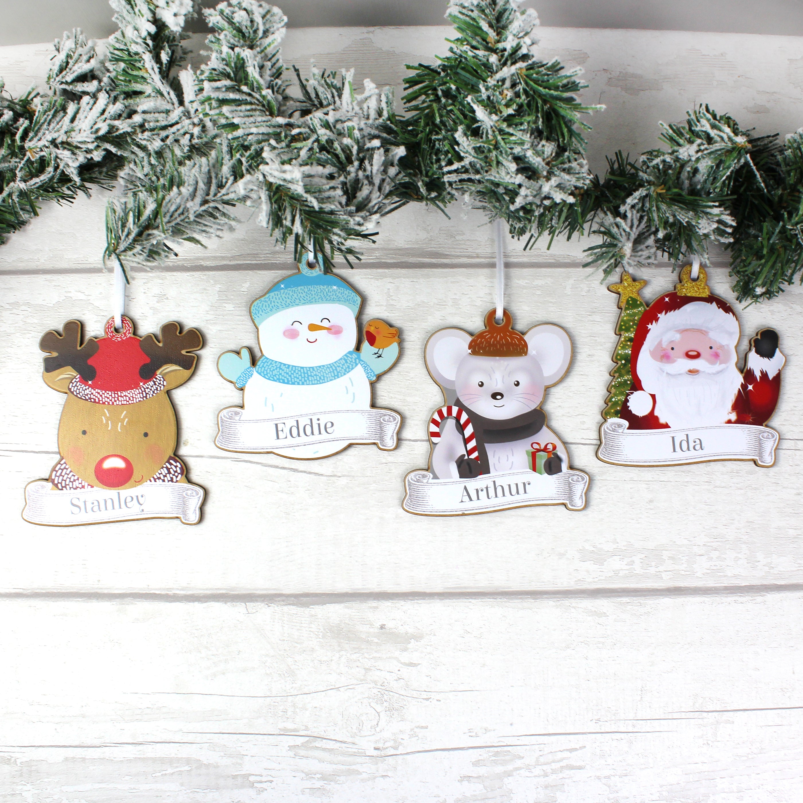 Personalised Set of 4 Christmas Wooden Hanging Decorations