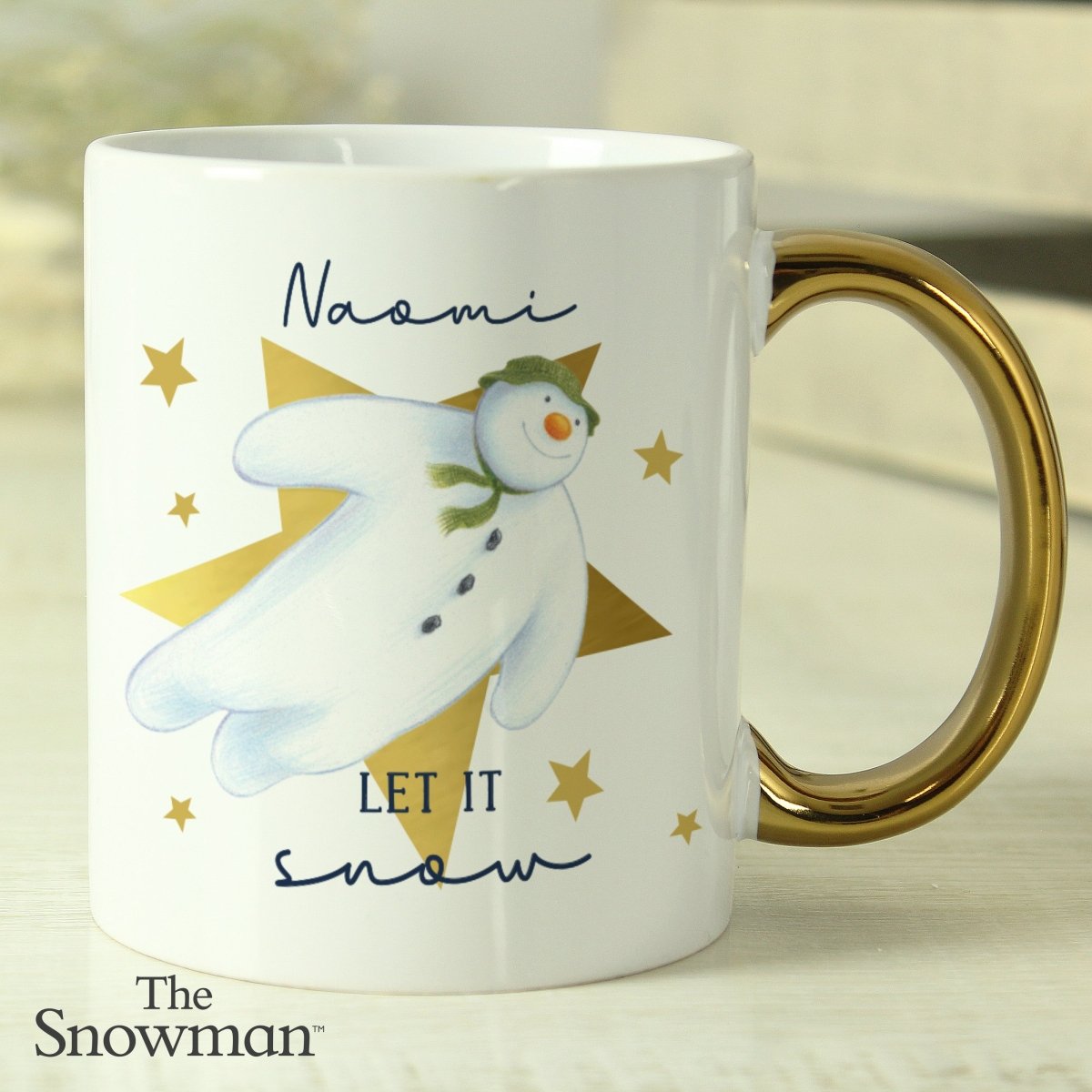 Personalised The Snowman Let it Snow Gold Handed Mug - I Want That Present