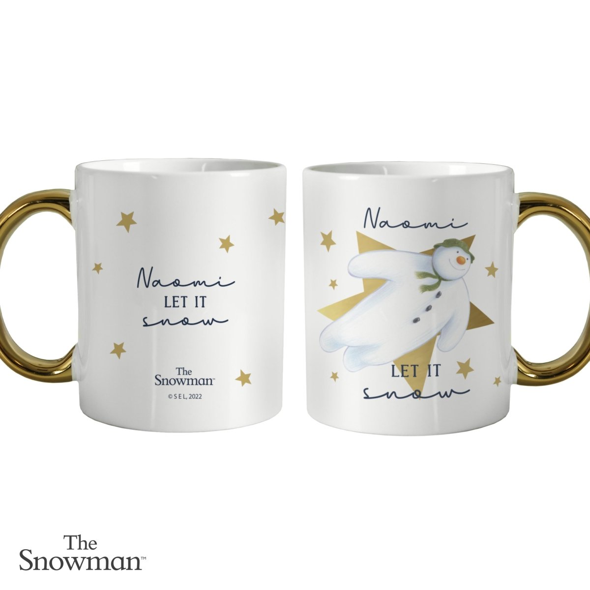 Personalised The Snowman Let it Snow Gold Handed Mug - I Want That Present