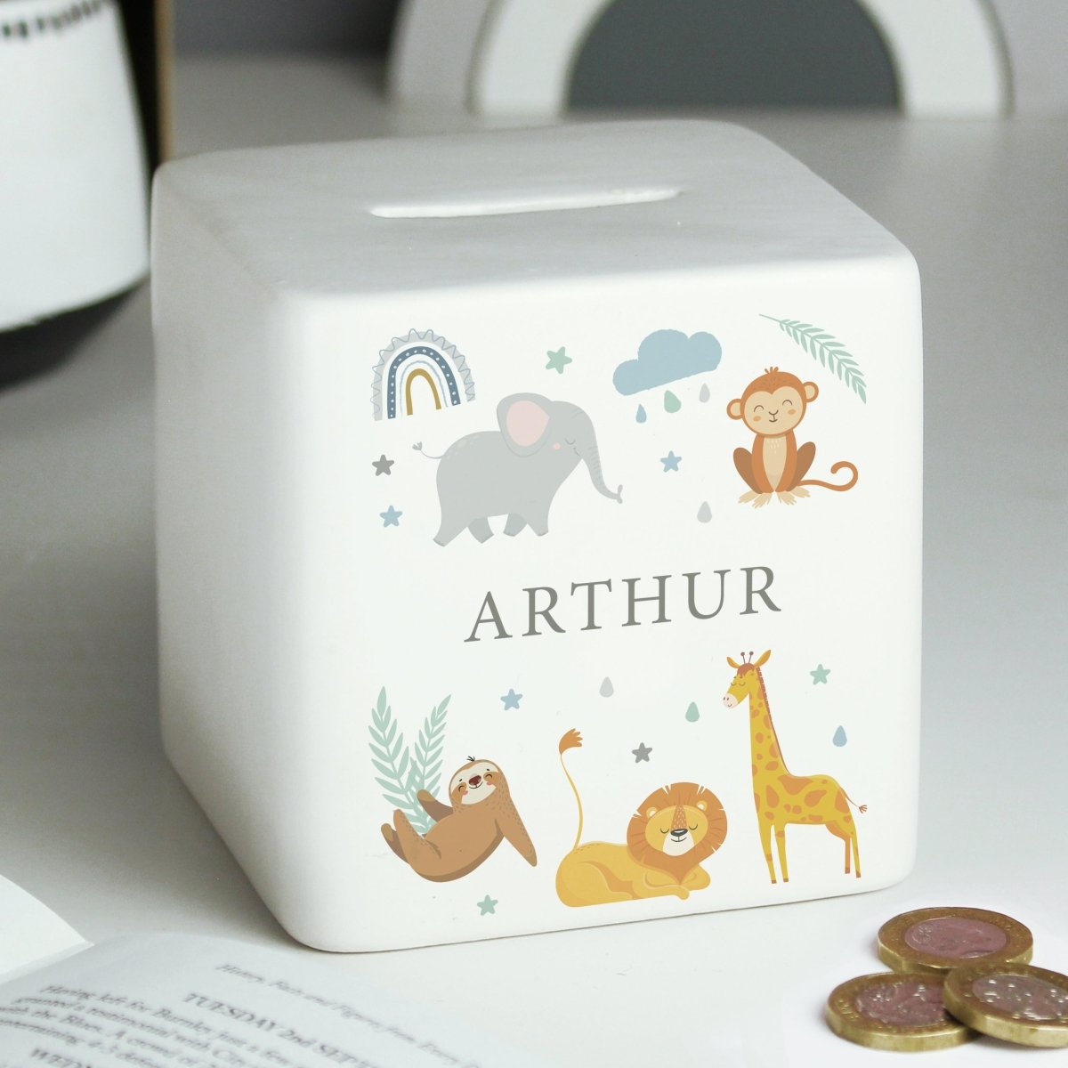 Personalised Safari Animals Ceramic Square Moneybox - I Want That Present