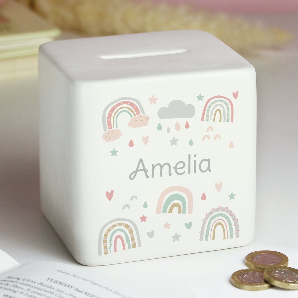 Personalised Rainbow Ceramic Square Moneybox - I Want That Present