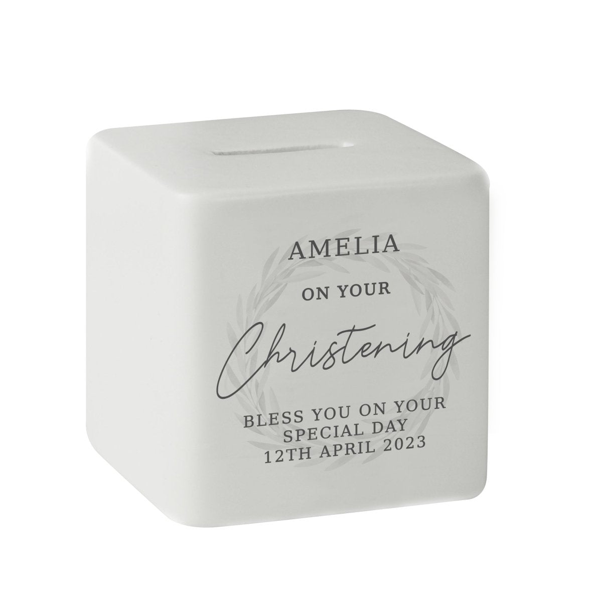 Personalised Christening Ceramic Square Moneybox - I Want That Present