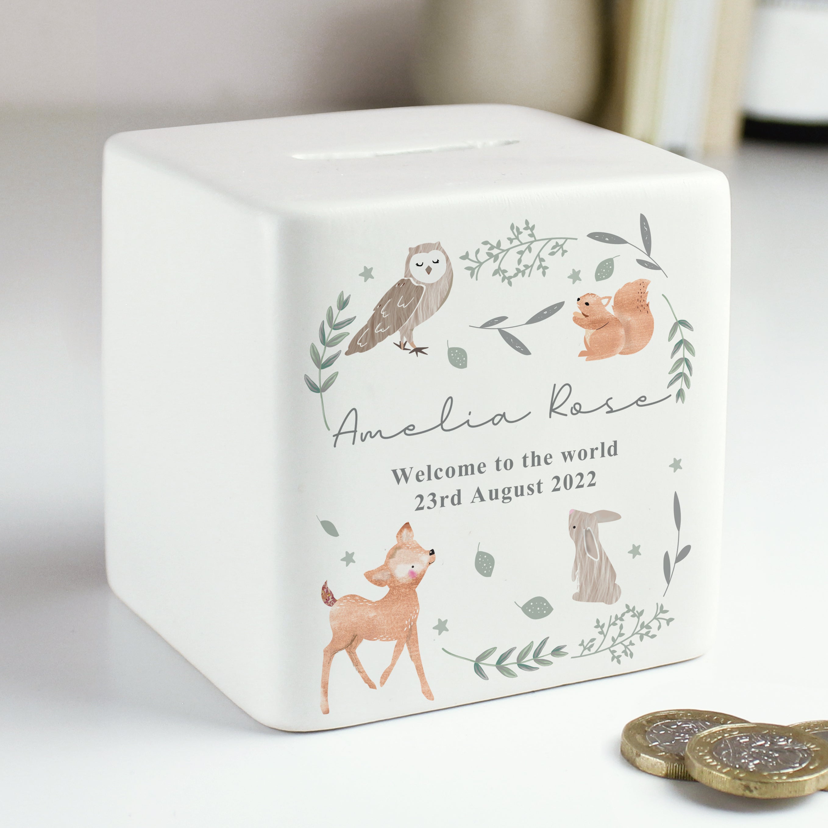Personalised Woodland Animals Ceramic Square Moneybox