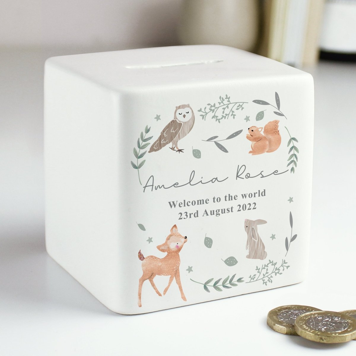 Personalised Woodland Animals Ceramic Square Moneybox - I Want That Present