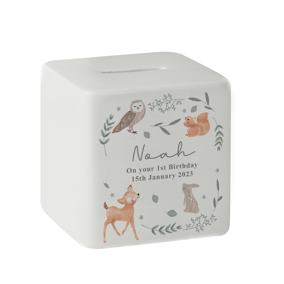 Personalised Woodland Animals Ceramic Square Moneybox - I Want That Present