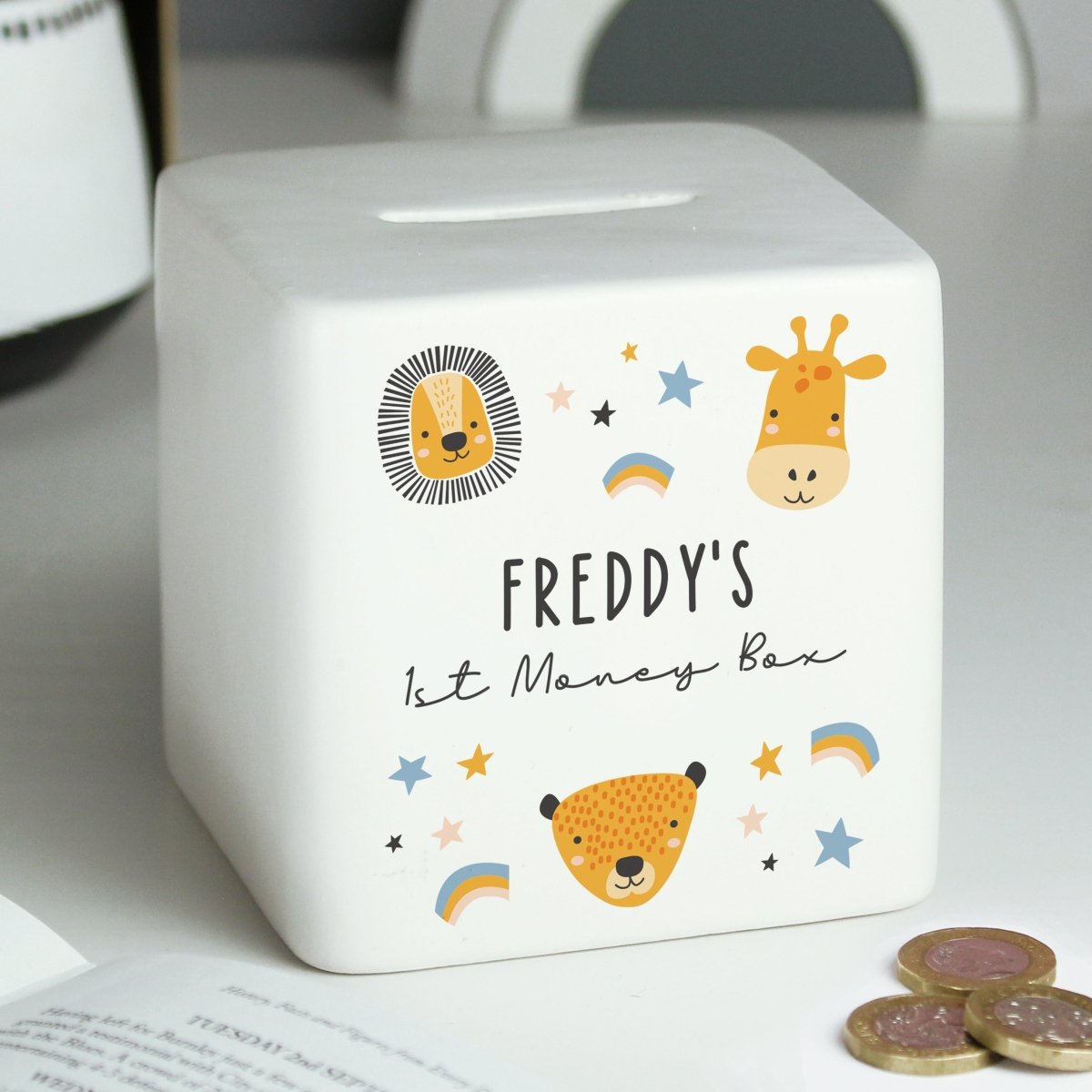 Personalised Scandi Safari Animals Ceramic Square Money Box - I Want That Present