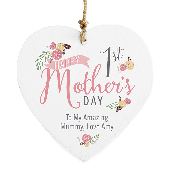 Personalised Floral Bouquet 1st Mothers Day Wooden Heart Decoration