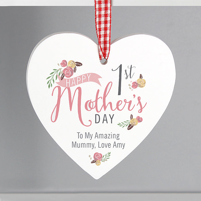 Personalised Floral Bouquet 1st Mothers Day Wooden Heart Decoration