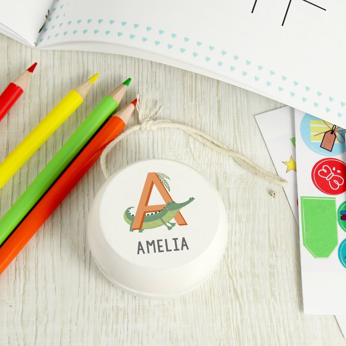 Personalised Animal Alphabet White Wooden Yoyo - I Want That Present