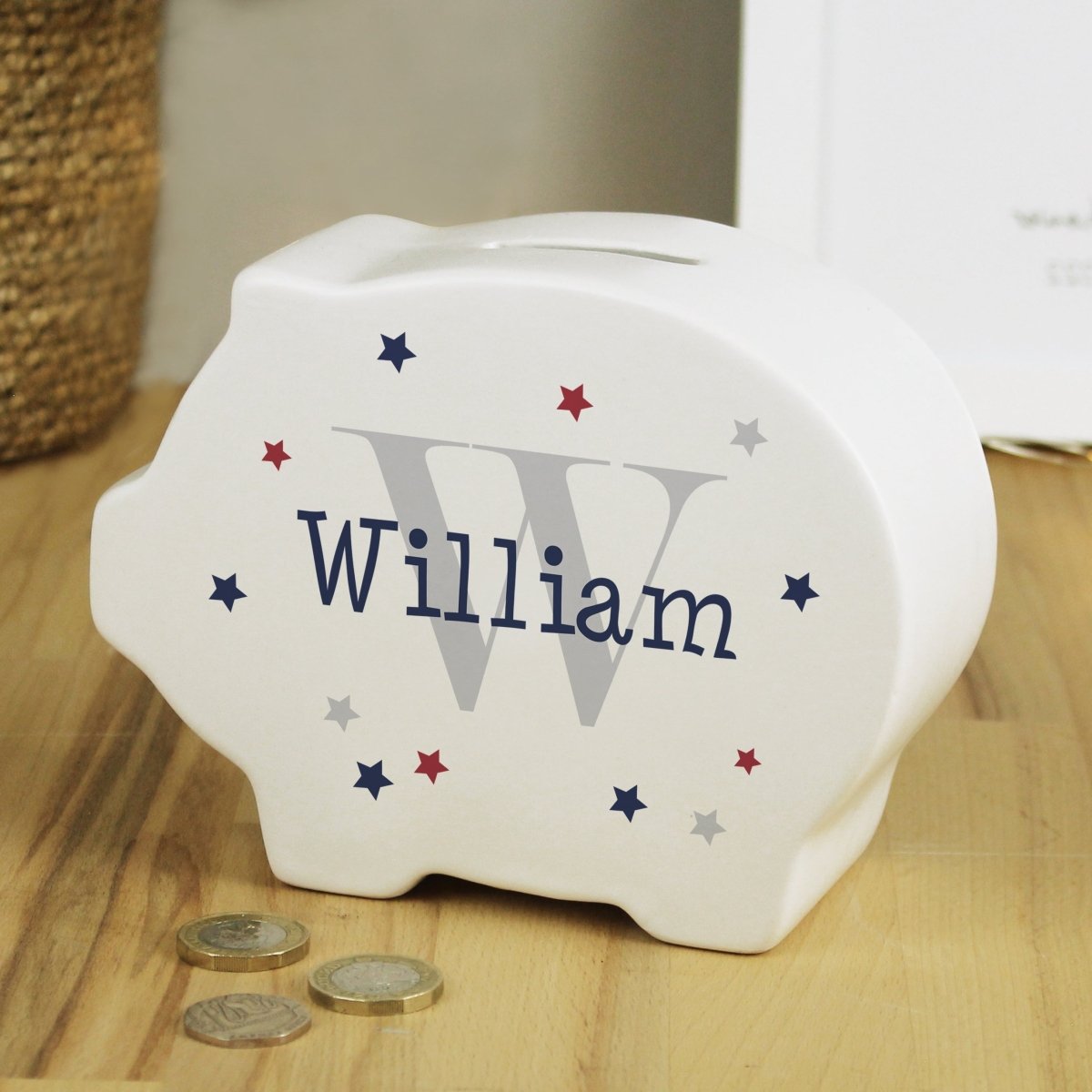 Personalised Name & Initial Piggy Bank - I Want That Present