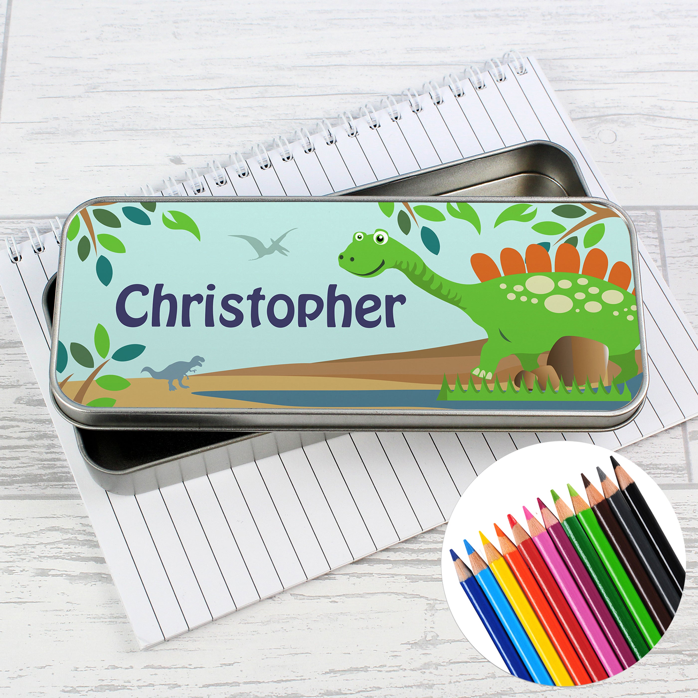 Personalised Dinosaur Pencil Tin with 12 Colour Pencils