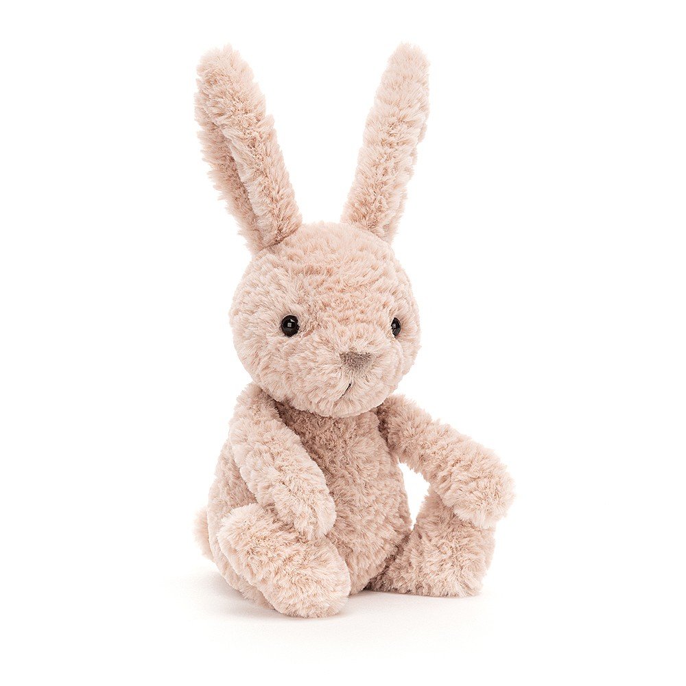 jellycat beige bunny sitting with a cute face and pointy sticking up ears.