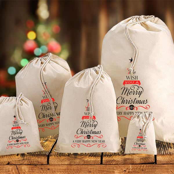 Christmas Tree Words - Medium Cotton Christmas Sack - I Want That Present