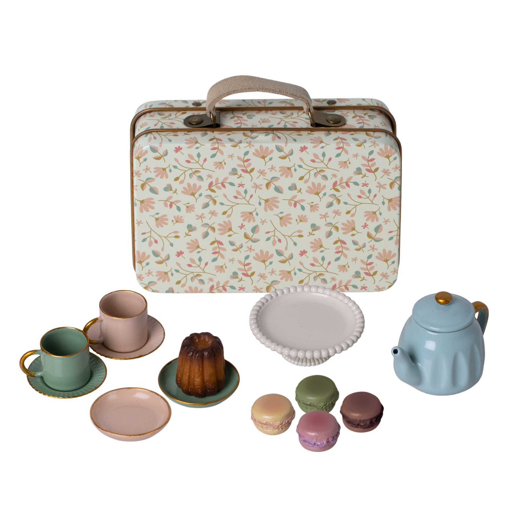 maileg merle patterened metal case with a teapot, cups, saucers and cakes