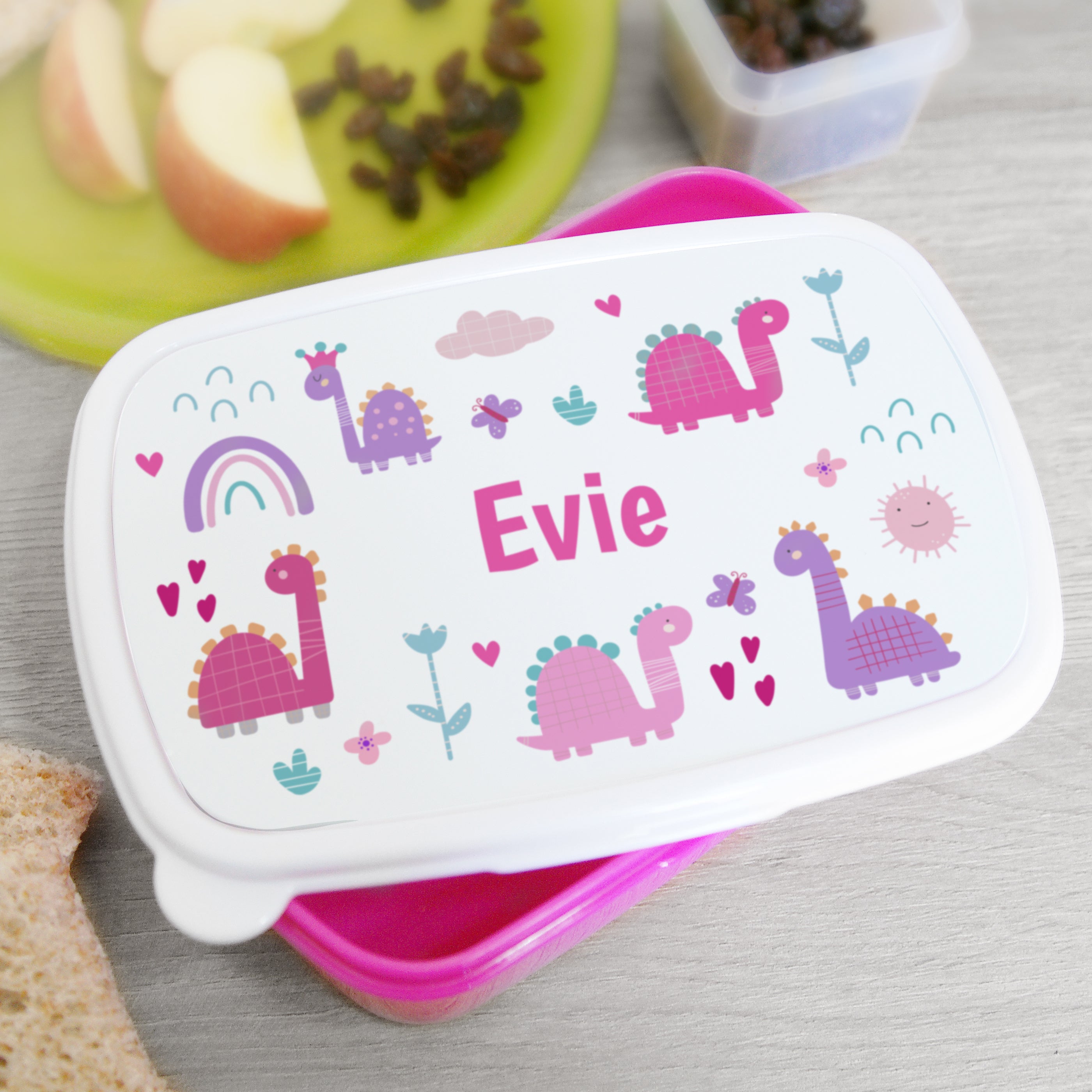 Personalised Girls CUTE DINOSAUR Lunch Box School Snack Sandwich Pink  Lunchbox KS116 