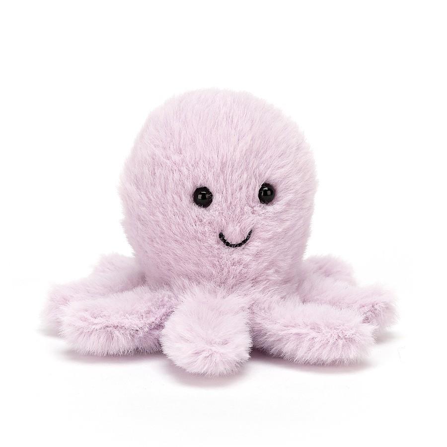 jellycat baby lavender octopus with a big smile and bead eyes