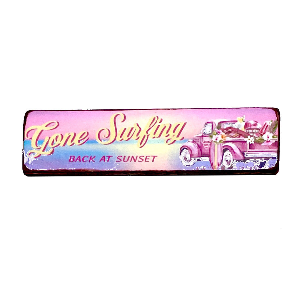 miniature wooden dolls house sign - gone surfing (pink)