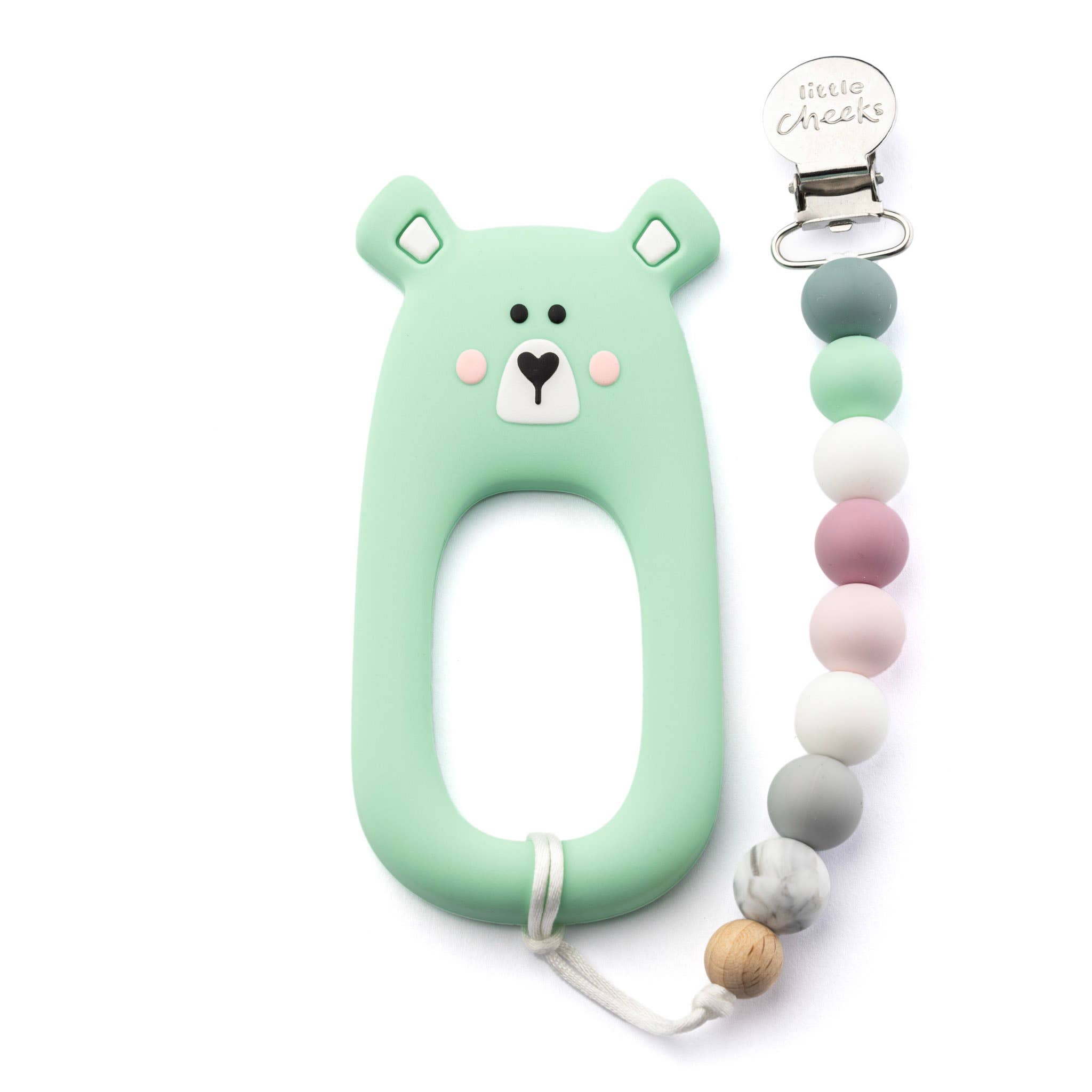 Little Cheeks Mint Bear Silicone Teether & Clip
