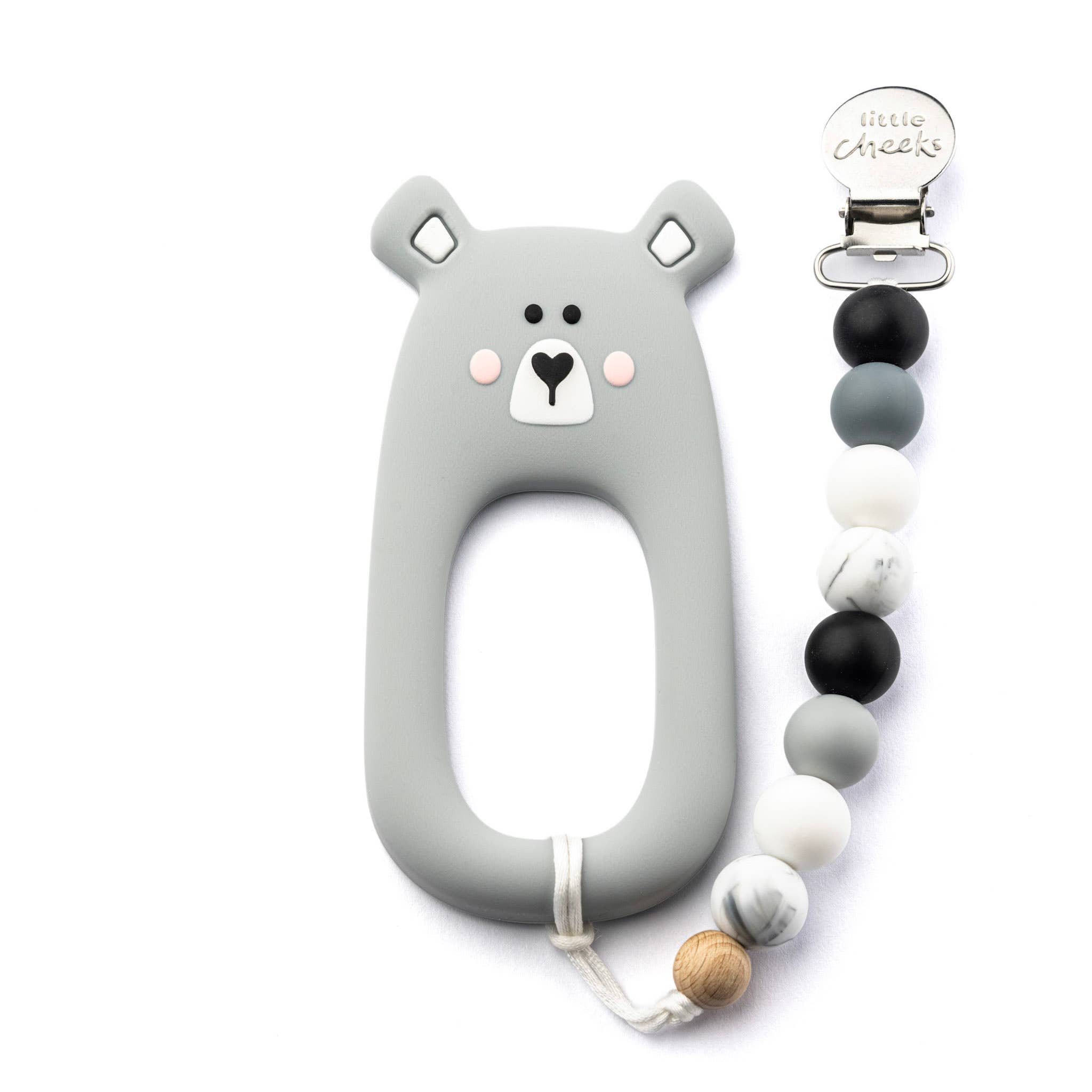 Little Cheeks Grey Bear Silicone Teether & Clip