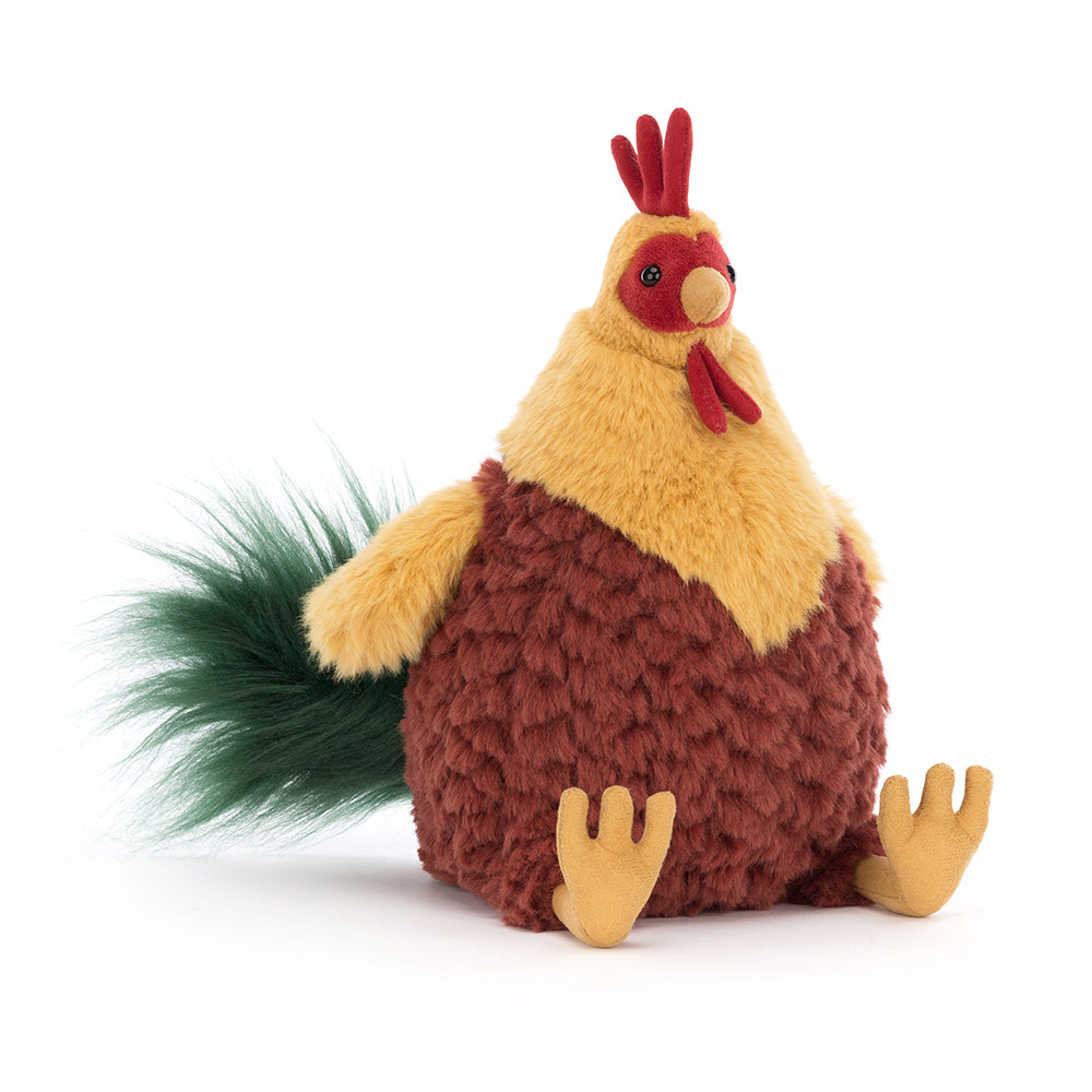 Jellycat Cluny Cockerel with green yellow and brown feathers