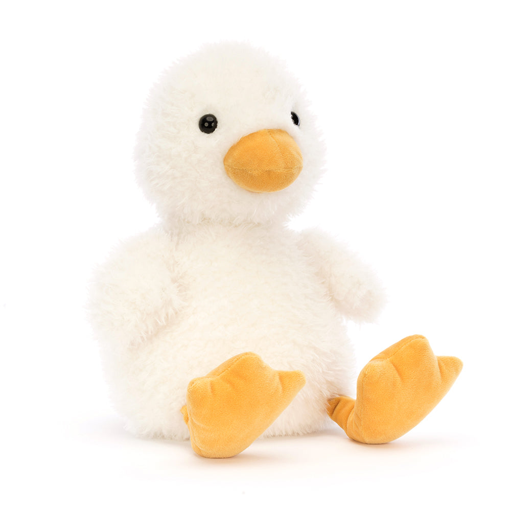 jellycat fluffy white dory duck with black bead eyes and yellow  beak and feet