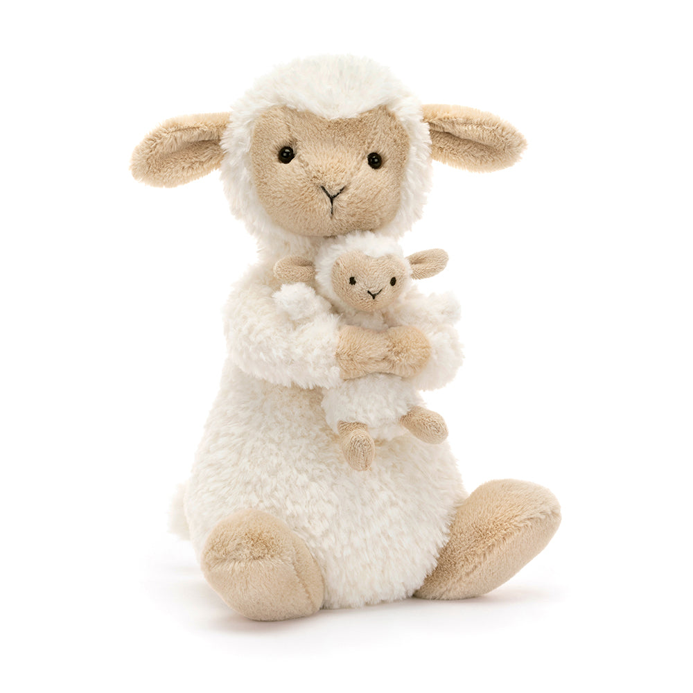 Jellycat cream huddles sheep holding a little lamb