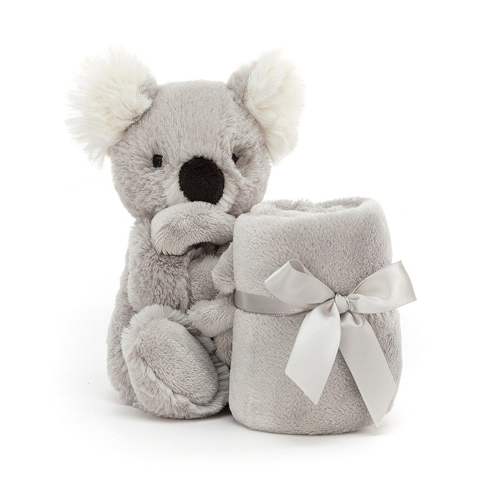 jellycat grey koala soft toy with fluffy white ears holding a grey comforter blanket