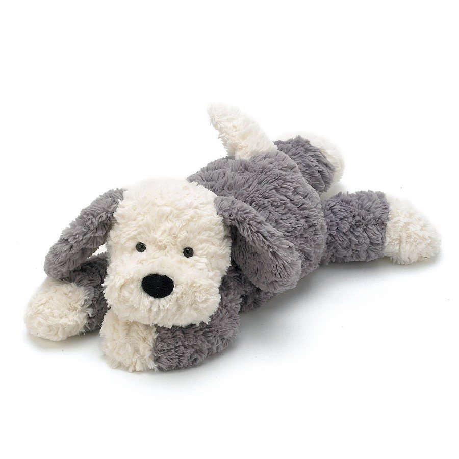 jellycat grey and cream laying down sheep dog with supersoft fur