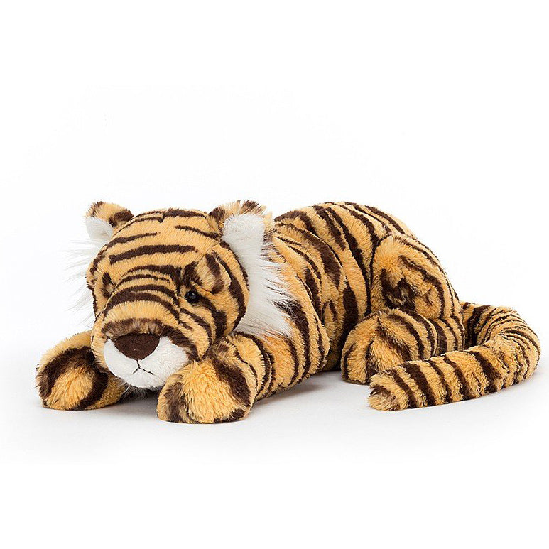 jellycat large tiger with his face in this paws and his tail wrapped around him