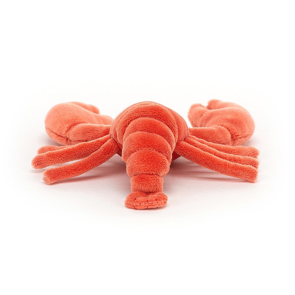 Back view of jellycat dark pinky orange lobster soft toy with a cheekly smile