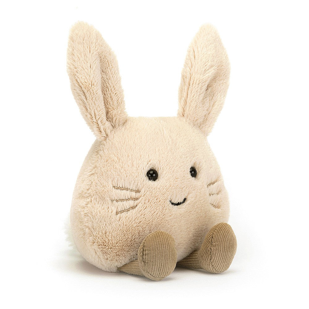 jellycat amuseabean bunny is cream with sticky up ears, black bead eyes and has an embroidered smiley mouth and whiskers.