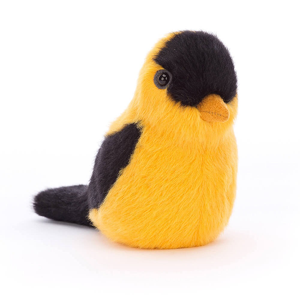 beautiful bright yellow and black fur jellycat bird soft toy