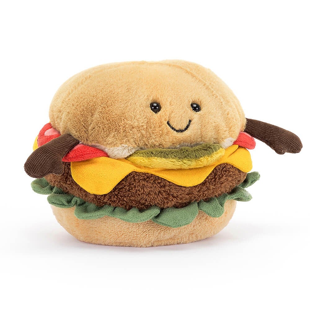 jellycat amuseable burger with arms and a cute face