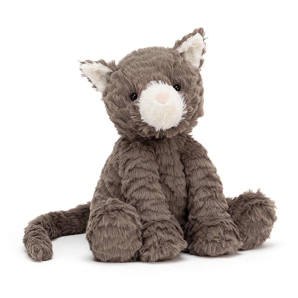  cuddly soft toy cat with scrumple-soft cocoa-colored fur, white ears and muzzle