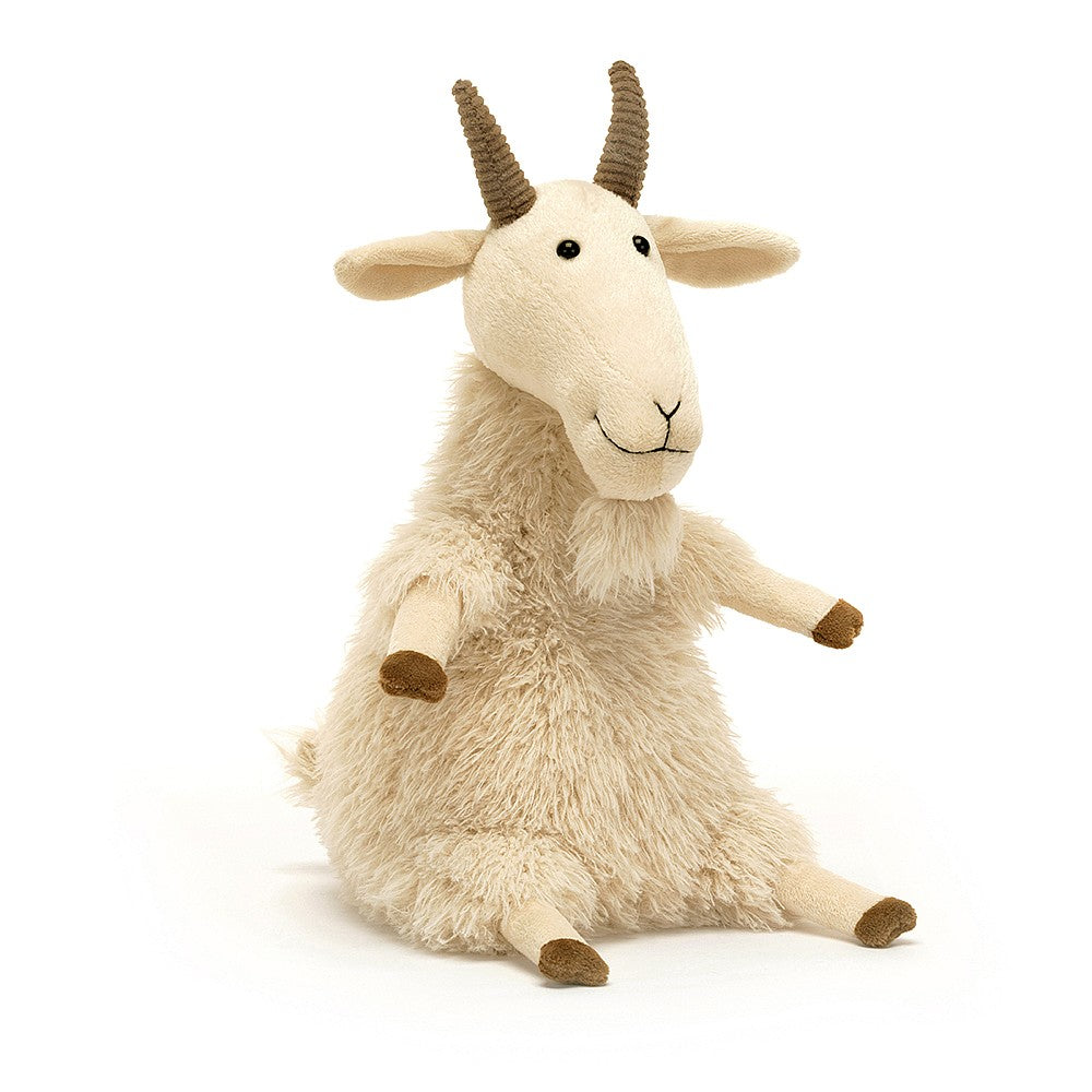 jellycat goat with cream shaggy fur, brown horns and hooves