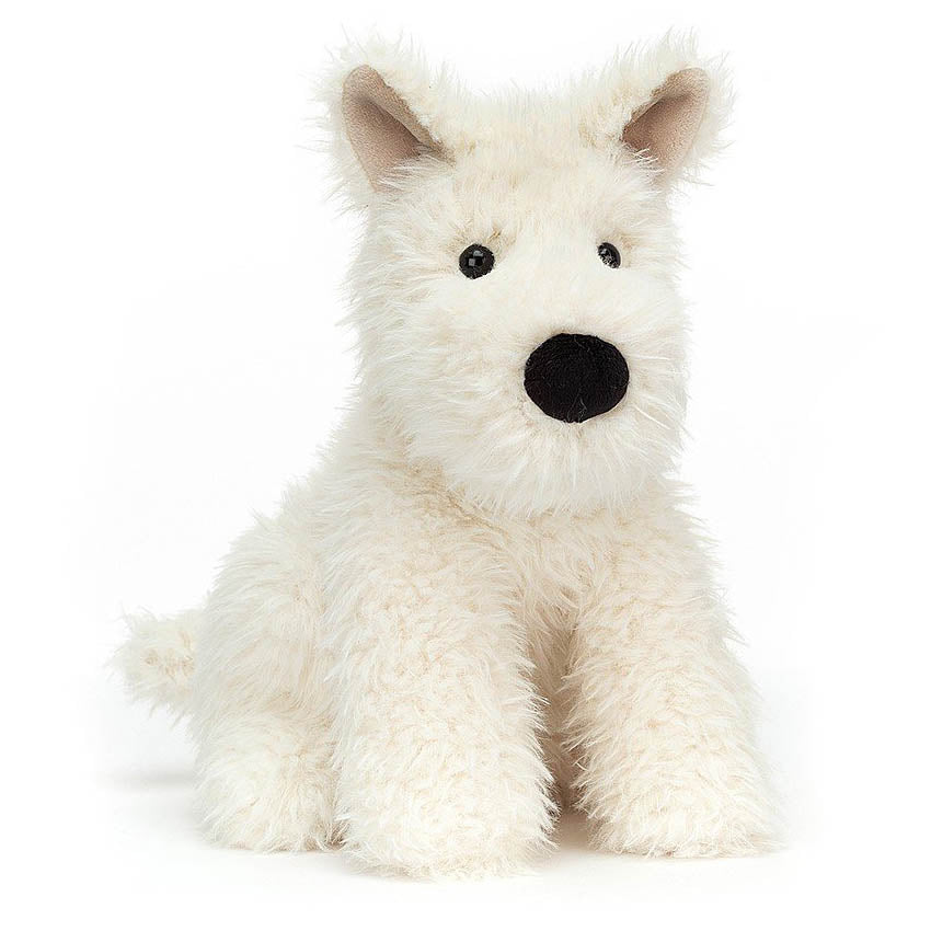 jellycat white shaggy furred scottie dog with a big black nose