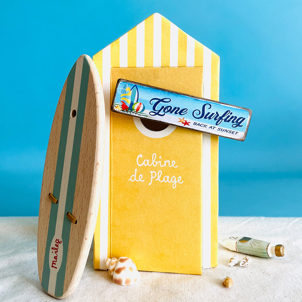 miniature wooden dolls house sign - gone surfing (blue)