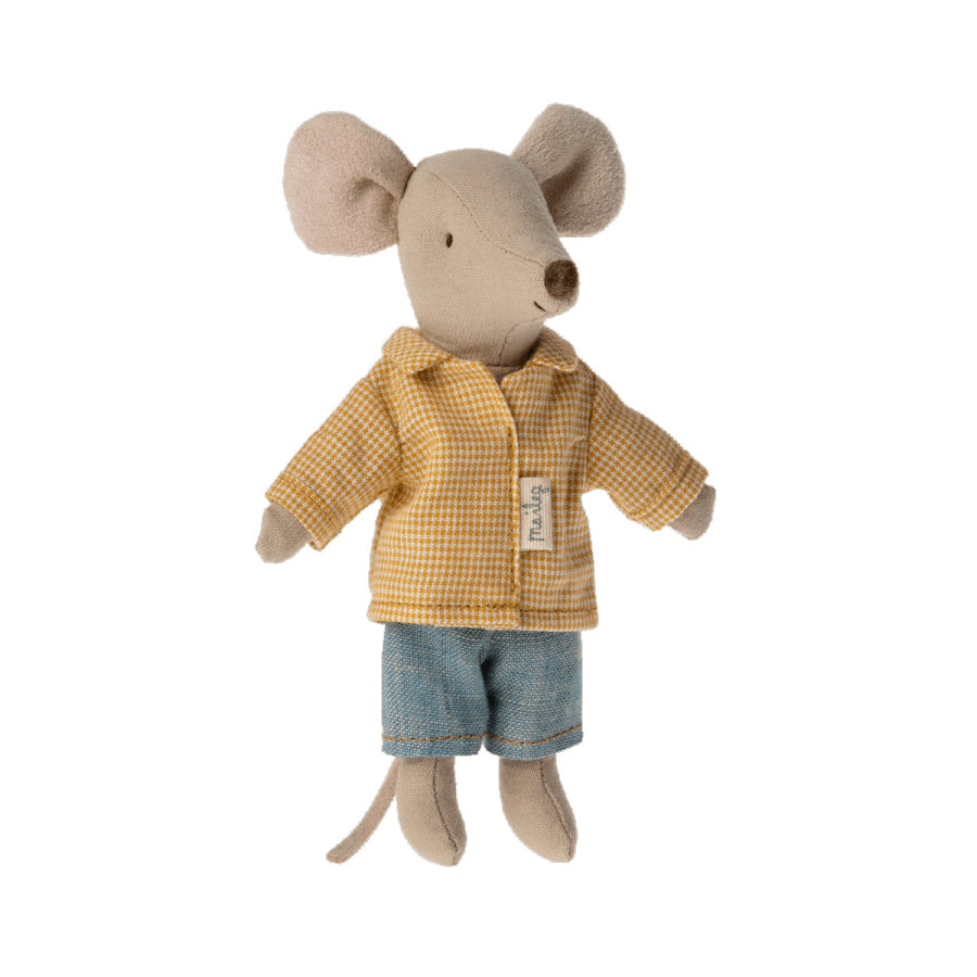Maileg 13cm Big brother Mouse soft toy with Yellow Shirt and blue trousers
