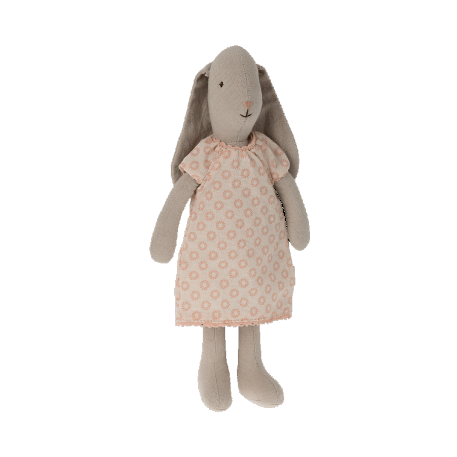 maileg 23cm bunny in a pretty patterened peach nightdress 