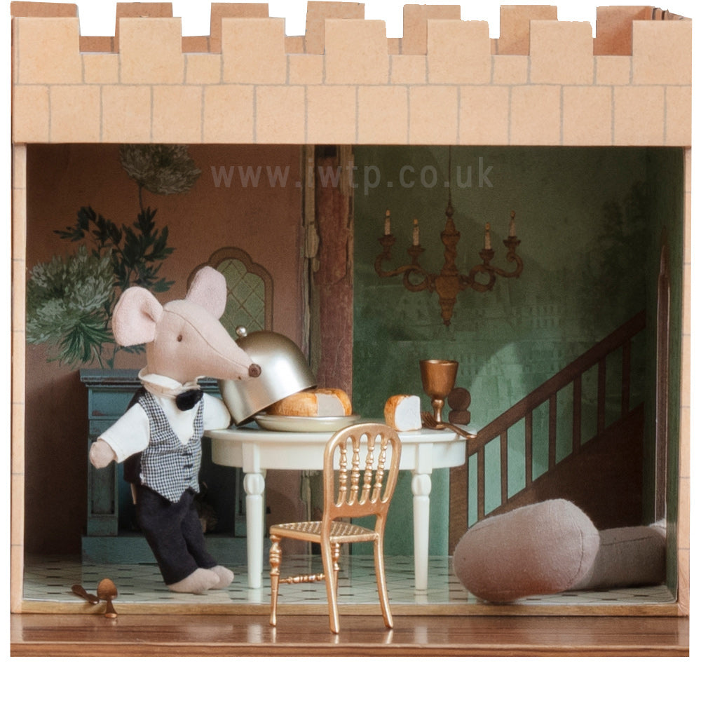 maileg decorated castle hall with waiter mouse serving cheese at a table