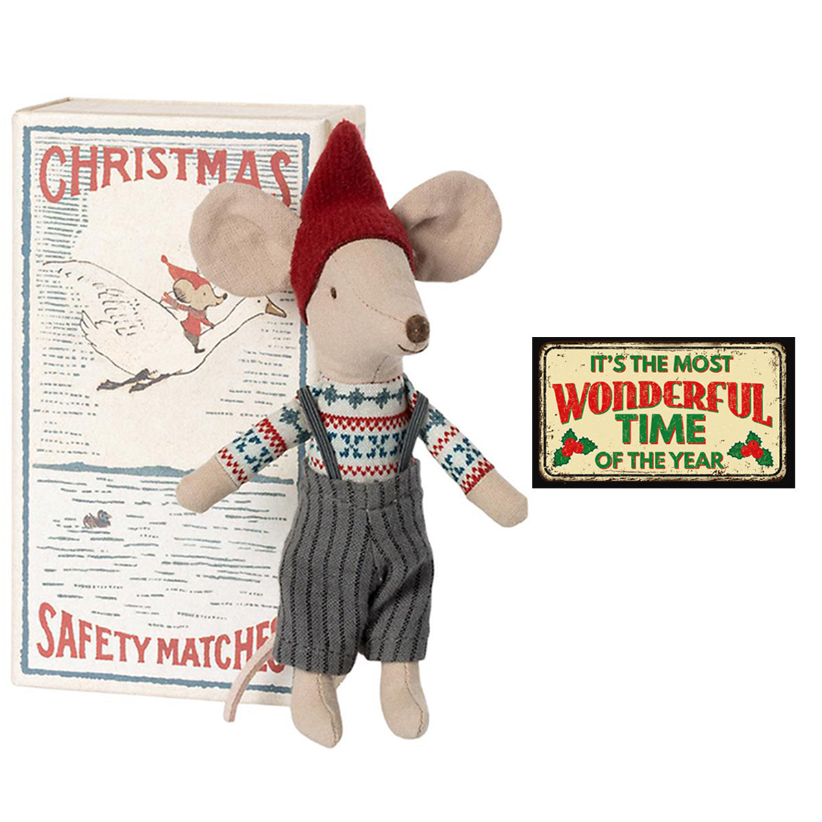 Maileg Christmas Mouse, Big Brother & Handmade Miniature Sign